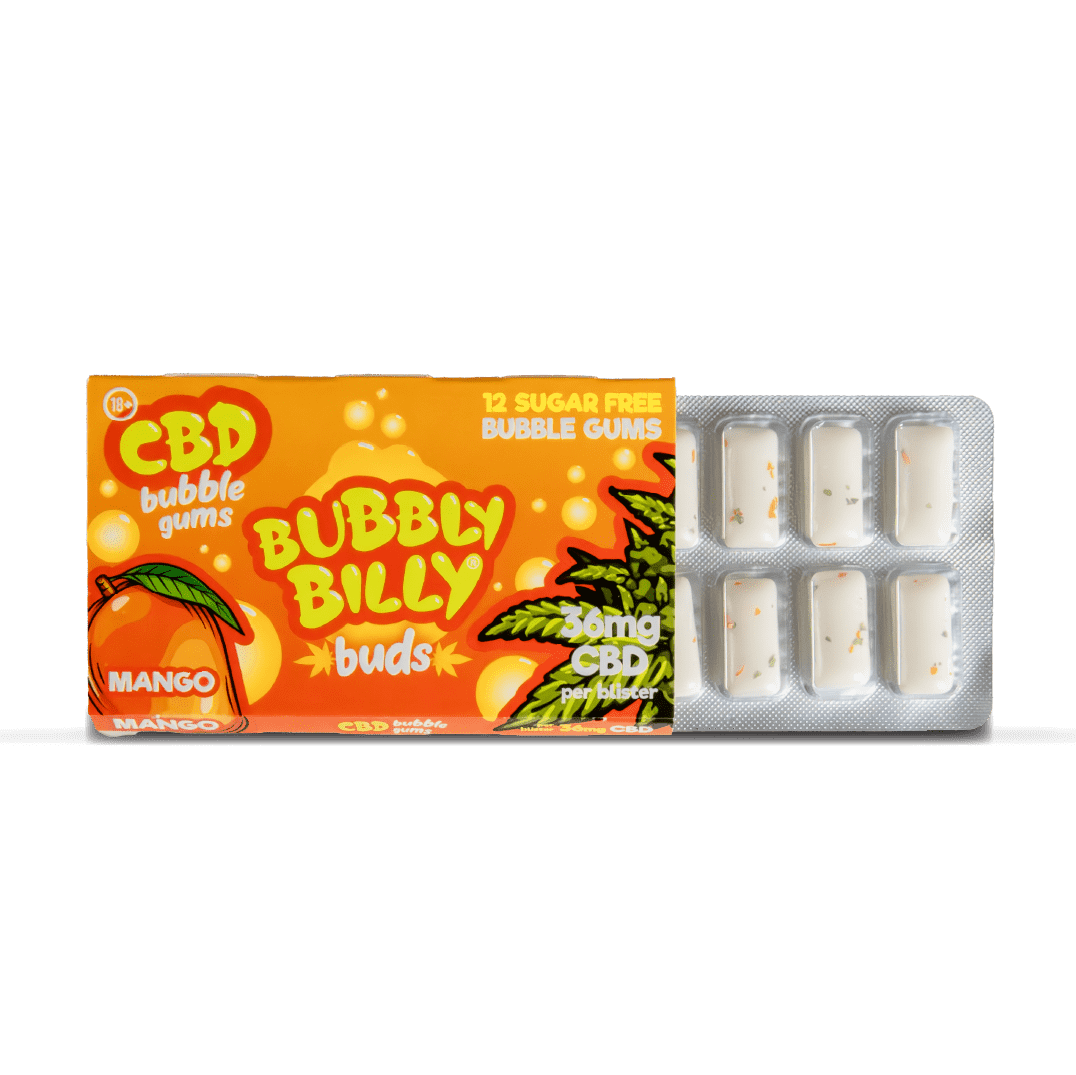 Mango Bubbly Billy Buds CBD Chewing Gum Foil Blister Pack Inside